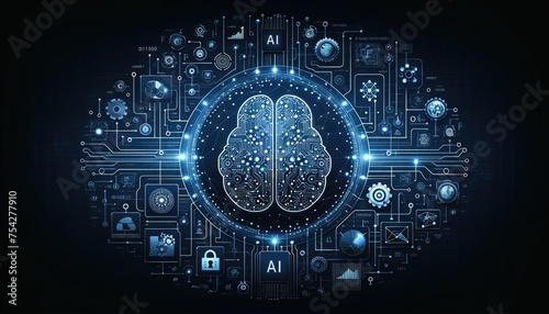 Digital brain with AI lettering depicted in a futuristic style against a complex circuit board background.