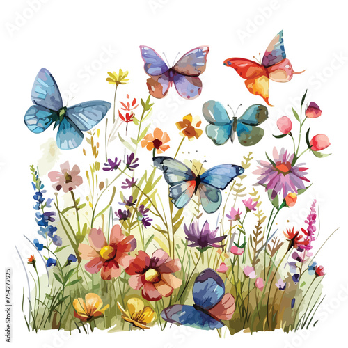 A colorful butterfly meadow. watercolor clipart isolated © Aina