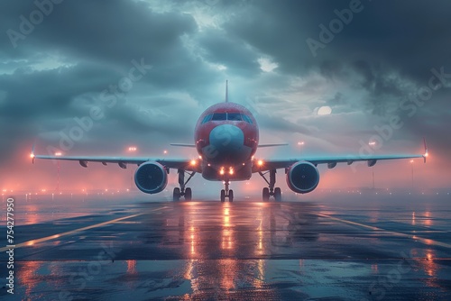 A dramatic image capturing a commercial airplane head-on with glowing lights on a reflective wet tarmac at twilight, implying travel and adventure