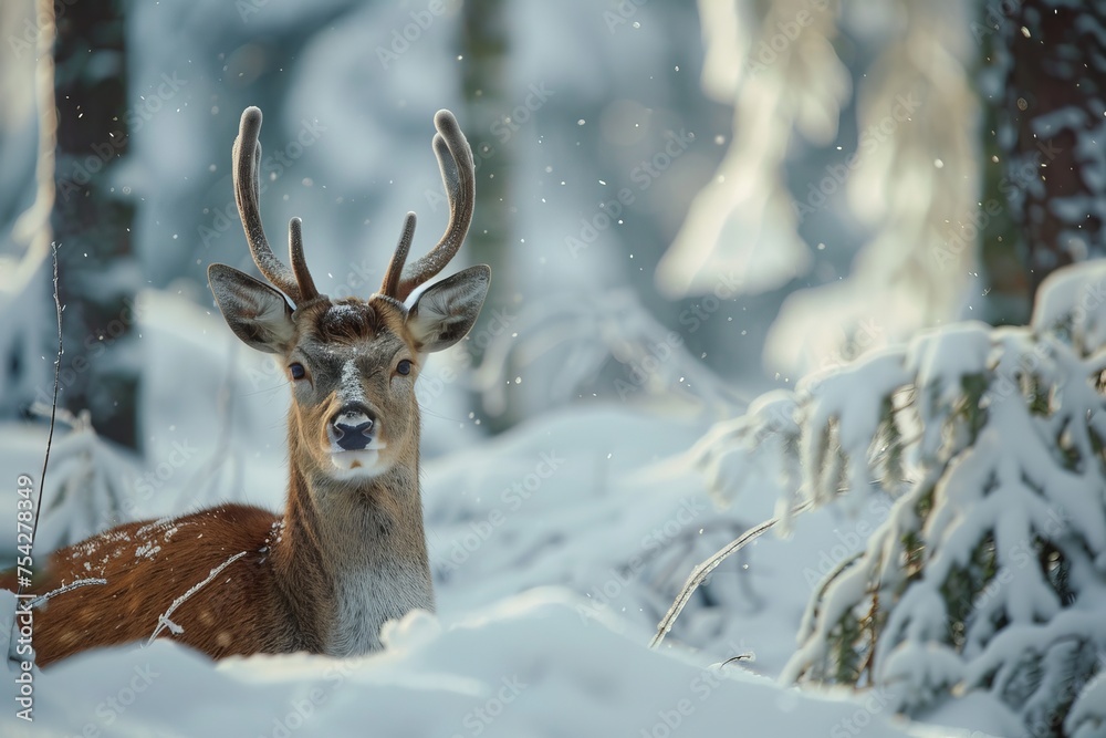 Fototapeta premium A picture of a wild deer in a forest, giant moose in the snowy jungle, snow falls, animals photography, AI Generated