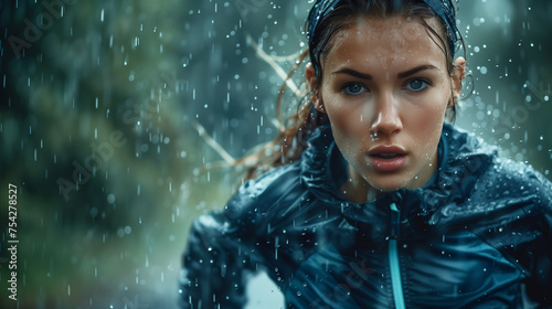 Close-up of a woman running in the rain. Training Under Any Condition: The Essence of Commitment and Willpower