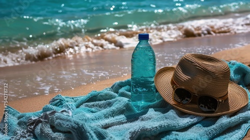 Serene beach scene with plush azure towel and straw hat on sunny shore