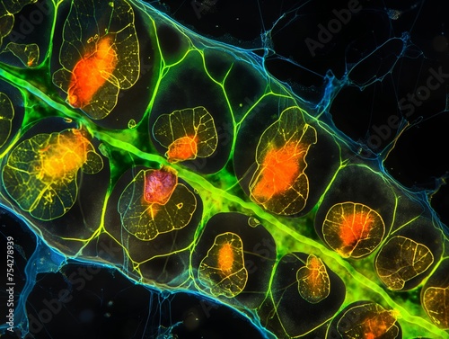 Vivid microscopic imagery showing interconnected structures with glowing green and orange hues. photo