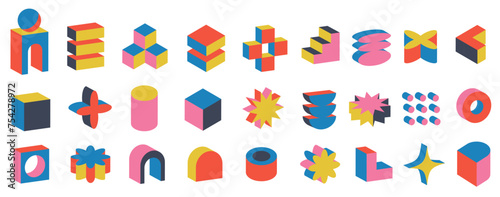 Set of volumetric geometric figures. Retro colorful shapes. Colorful Geometric Block flat y2k Illustrations. Abstract Vector © Nastya