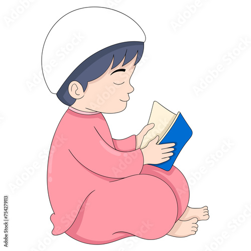 cartoon doodle illustration of religion, Muslim boy sitting in prayer, reading the holy book