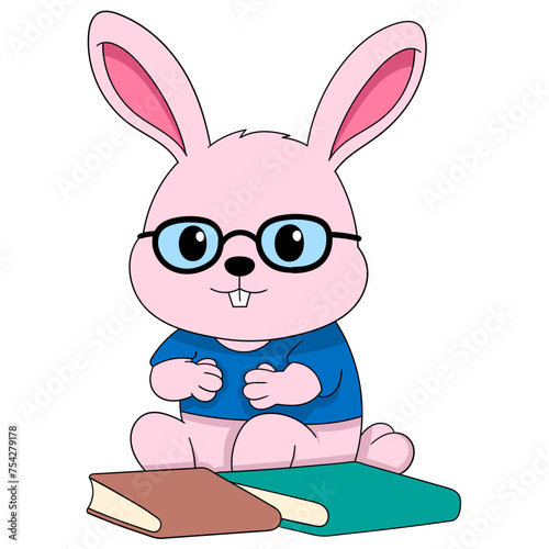 Easter themed cartoon doodle illustration, bookish student rabbit sitting with lots of books