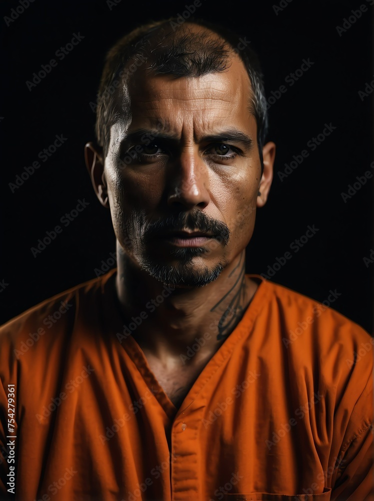 Portrait of a prisoner on orange jail uniform on plain black background looking at the camera from Generative AI