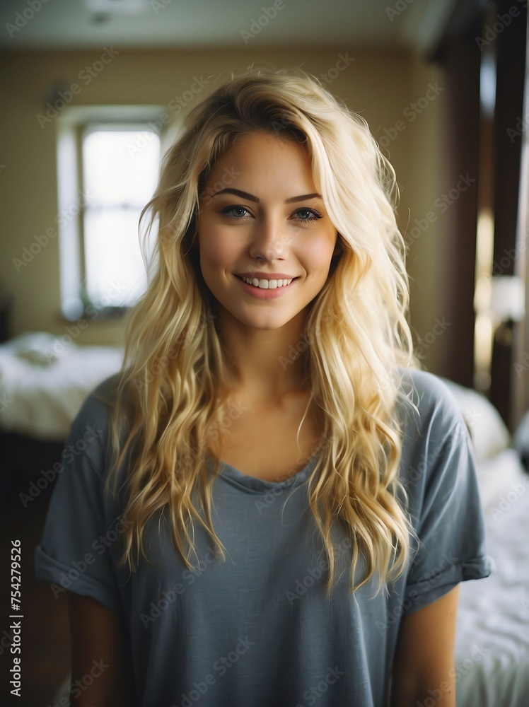 Portrait of a smiling blonde woman college university student on dormitory room looking at the camera from Generative AI Portrait of a smiling blonde woman college university student on dormitory room looking at the camera from Generative AI