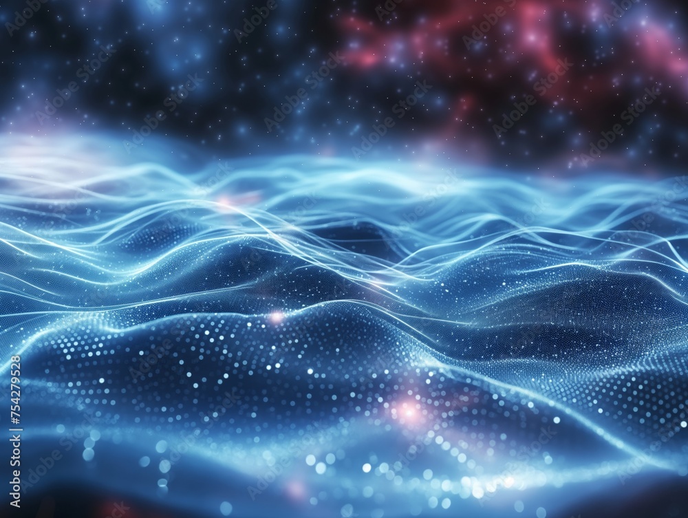 Ethereal landscape of flowing energy lines and particles against a starry space backdrop