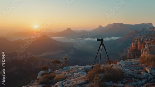 Camera tripod silhouetted against a mountainous sunrise
