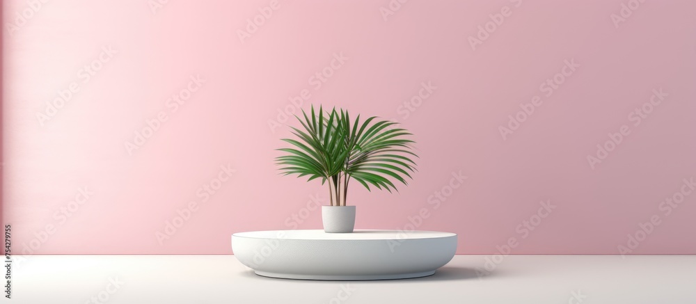 A green potted plant is placed on top of a clean, white table, creating a modern and minimalist aesthetic in the interior space. The plant adds a touch of nature to the otherwise sleek setting.