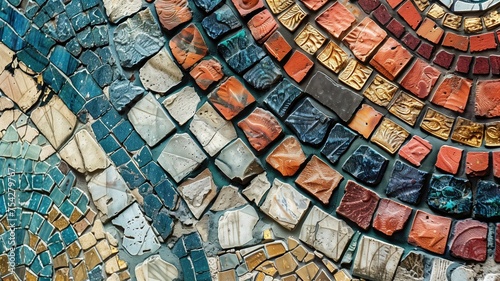 A close-up of a vibrant mosaic tile pattern with various colors and textures, depicting an abstract art piece