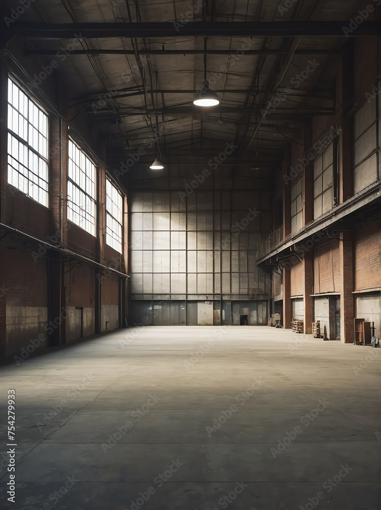 Portrait of an empty industrial warehouse from Generative AI Portrait of an empty industrial warehouse from Generative AI