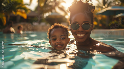 Happy smiling black african american mother and daughter swimming on summer vacation holiday	
 photo