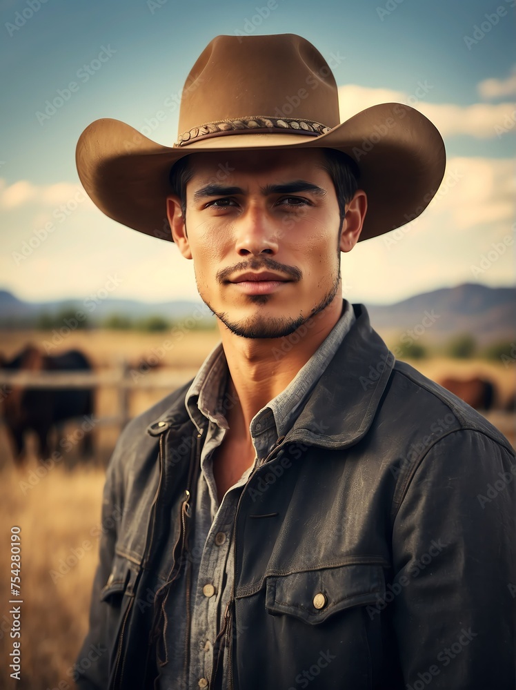 Portrait of handsome young man wearing cowboy hat on a ranch background from Generative AI