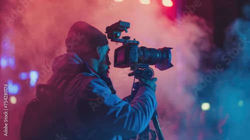 Cameraman capturing scenes amidst colorful fog at night