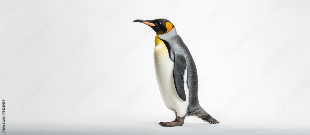 Fototapeta premium A king penguin, with distinctive orange markings on its head, stands majestically in a snowy landscape. The penguins black and white feathers contrast against the pristine white snow.
