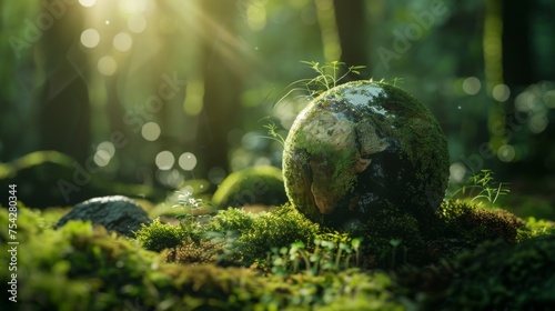 Earth Day Environment, global is green and has a blue and white design. The scene is peaceful and serene, with the globe representing the Earth