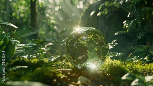Environment Concept  ball is surrounded by green grass and trees  creating a peaceful and serene atmosphere. The sunlight is shining on the ball