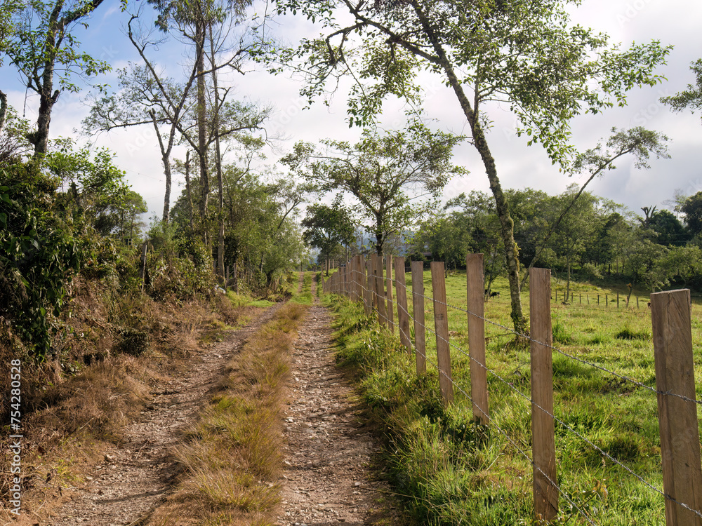 Morning view of a typical rural road made with  gravel and stones,  in the eastern highlands of central Colombia, near the town of Arcabuco.