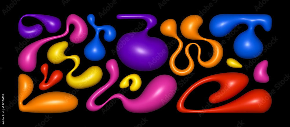 Abstract colorful 3D cartoon liquid shapes. Minimalistic objects multicolored for decoration. Vector set of elements