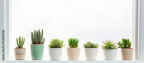 A line of green cactus and succulent plants arranged neatly on a windowsill, with a soft light background. These home plants add a touch of nature inside, creating a cozy atmosphere.