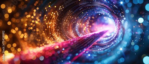 a cosmic-themed digital background as data flows through the optic fiber cable