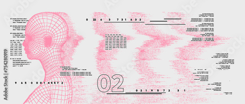 Artificial intelligence concept. Retro futuristic style, Dither wireframe woman low poly face, with grunge distorted waves profile. Vector background