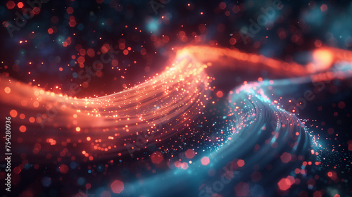a cosmic-themed digital background as data flows through the optic fiber cable
