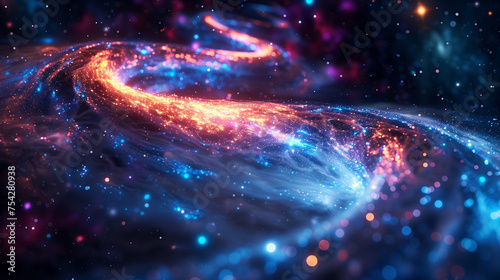 a cosmic-themed digital background as data flows through the optic fiber cable