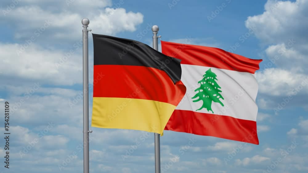 Lebanon and Germany two flags waving together, looped video, two country cooperation concept