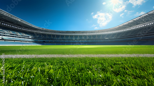 3d render of a modern football stadium with green grass and bright sunshine © Liliya
