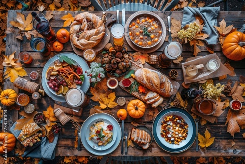 Oktoberfest beer and food on wooden table  top view flat lay  ai generated