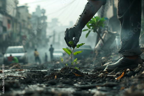 a person planting a young tree sapling amidst the hustle and bustle of a heavily polluted city