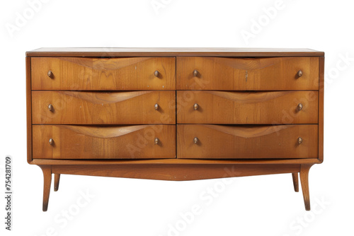 Vintage wooden dresser with multiple drawers and round knobs isolated on transparent background