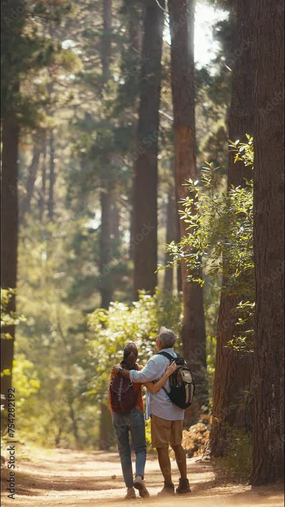 Vertical video rear view of loving retired senior couple wearing backpacks hugging hiking along trail through summer countryside - shot in slow motion Vertical video rear view of loving retired senior couple wearing backpacks hugging hiking along trail through summer countryside - shot in slow motion