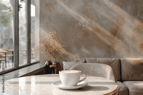 Cozy cafe interior with morning sunlight casting shadows on a marble table