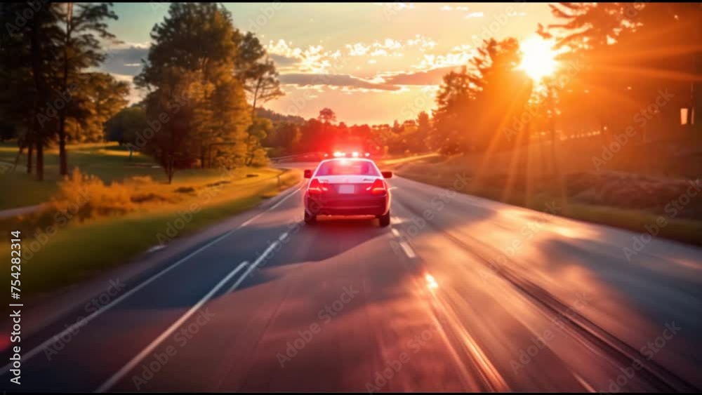 A police car is running on the road in order to maintain peace and order.