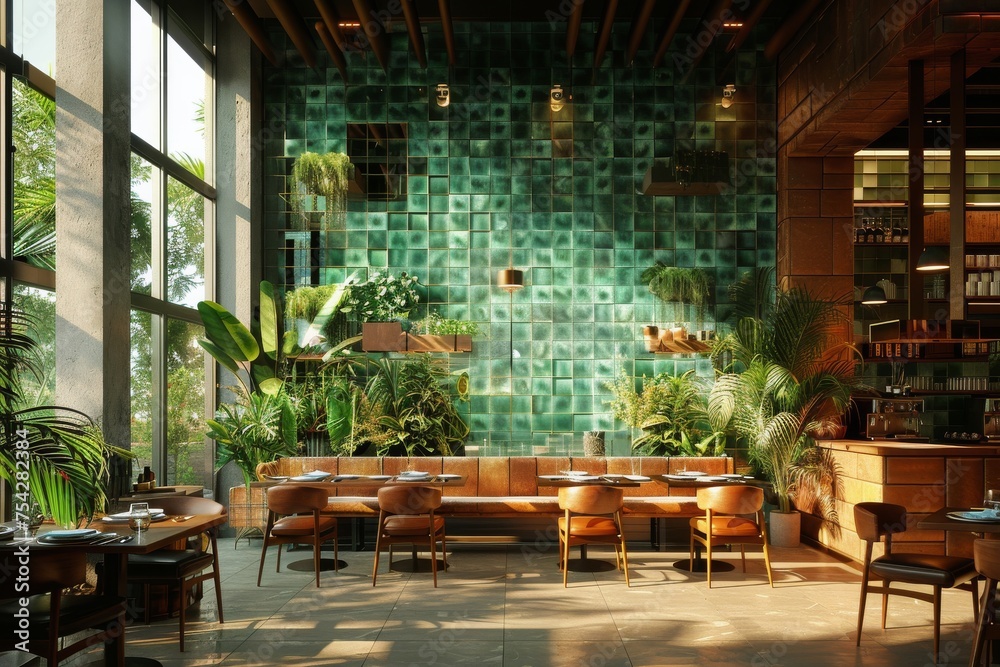 Restaurant With Green Walls, Tables, and Chairs