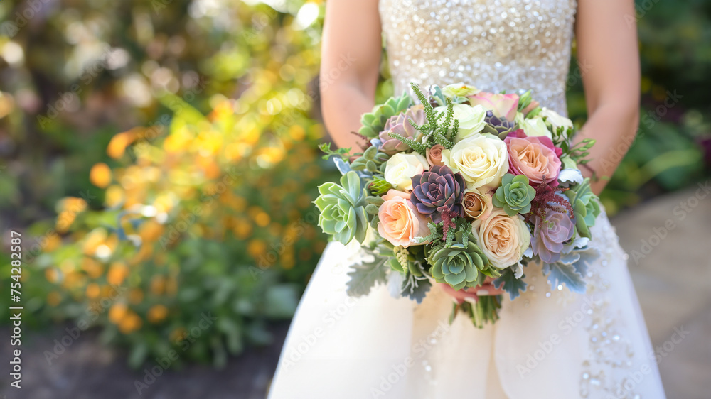 Romantic wedding atmosphere captured through the bride's bouquet in soft hues.