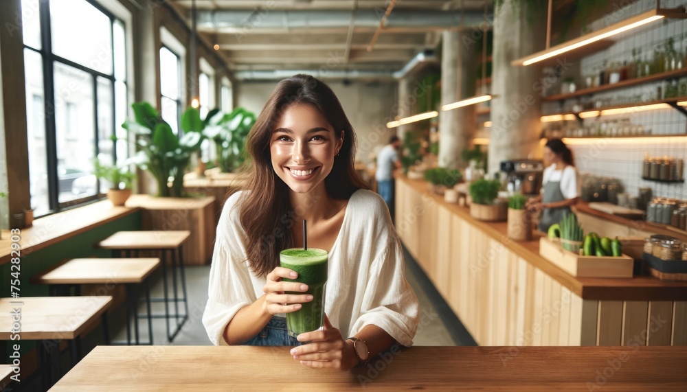 Smiling young woman drinking a healthy green smoothie in a modern cafe setting. Smiling young woman drinking a healthy green smoothie in a modern cafe setting.