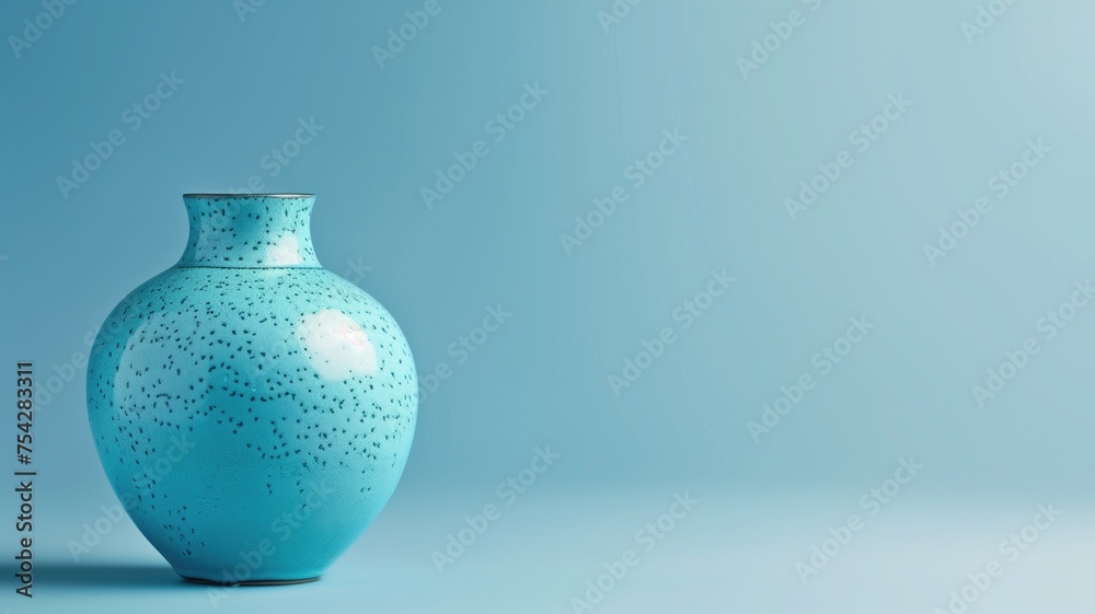A speckled turquoise ceramic vase against a blue backdrop A speckled turquoise ceramic vase against a blue backdrop