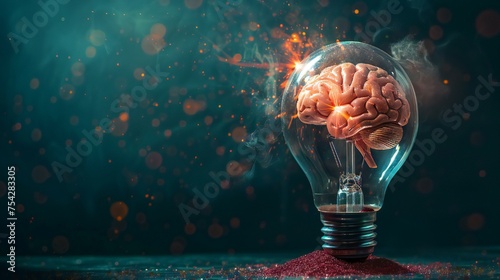 A light bulb with a brain inside of it. The bulb is lit up and surrounded by a blurry background. Concept of creativity and innovation