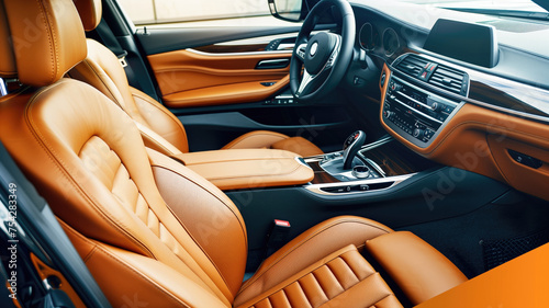 Luxurious car interior with leather seats and modern dashboard photo
