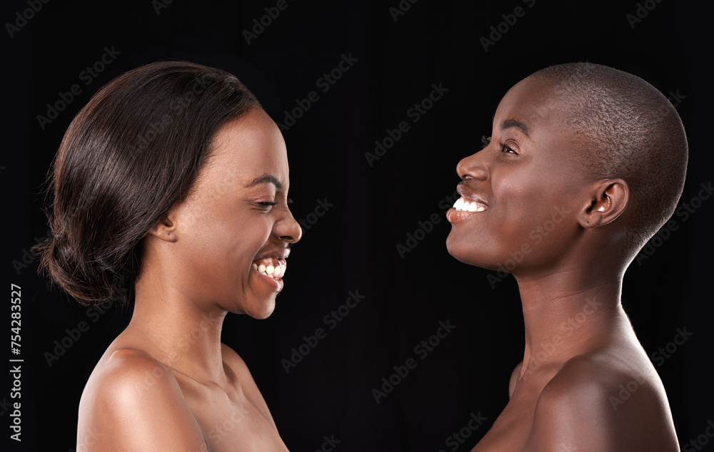 Studio, skin care and happy friends, cosmetics and satisfaction on black background. African women, friends and together for dermatology or facial treatment, laughing and proud of wellness glow Studio, skin care and happy friends, cosmetics and satisfaction on black background. African women, friends and together for dermatology or facial treatment, laughing and proud of wellness glow