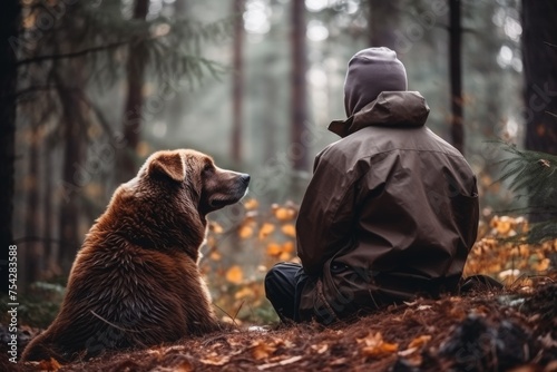 dog and hunter in the forest