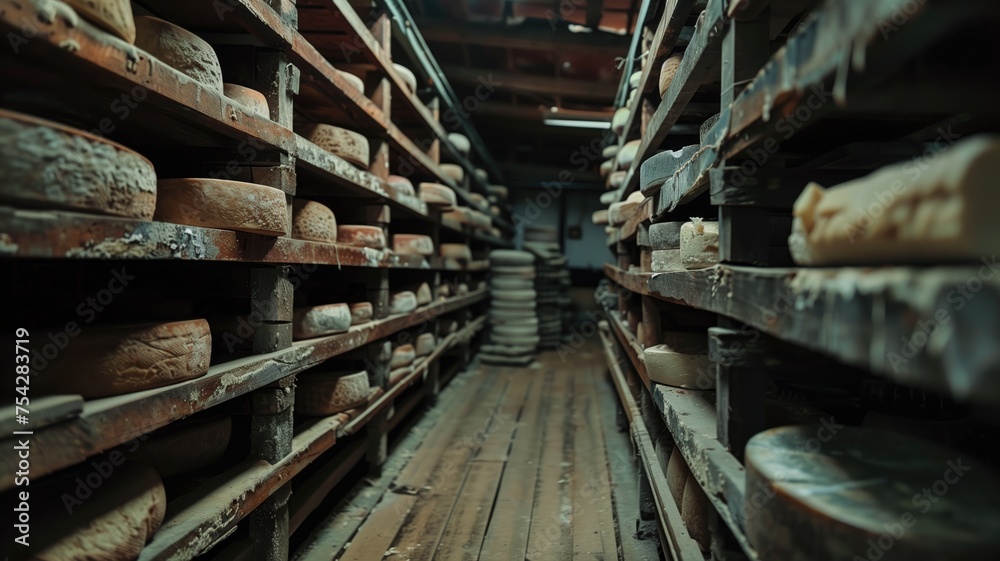 Rows of aging cheese wheels stored on wooden shelves
