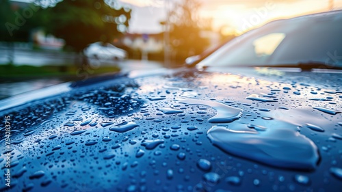 Rain-soaked car with droplets highlighting the sleek lines at sunset photo