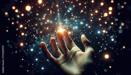 A hand reaches out, seemingly harnessing the cosmic energy of a starry universe, in a dynamic display of light and connection.