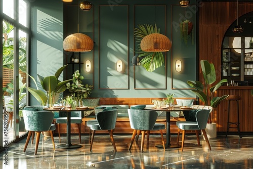 Restaurant With Green Walls  Tables  and Chairs